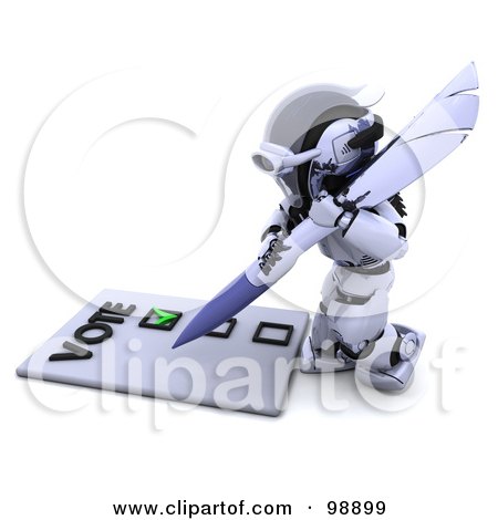Royalty-Free (RF) Clipart Illustration of a 3d Silver Robot Voting by KJ Pargeter