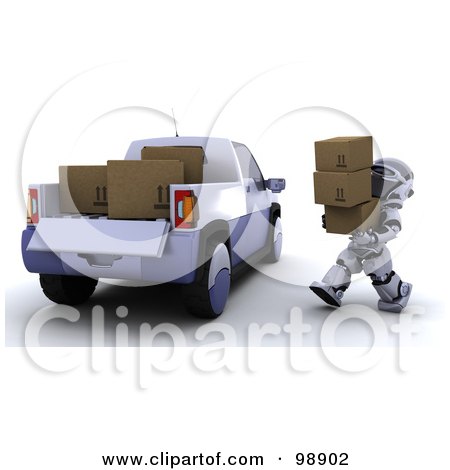Royalty-Free (RF) Clipart Illustration of a 3d Silver Robot Loading Boxes in a Truck by KJ Pargeter