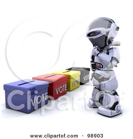 Royalty-Free (RF) Clipart Illustration of a 3d Silver Robot Standing by Ballot Boxes by KJ Pargeter