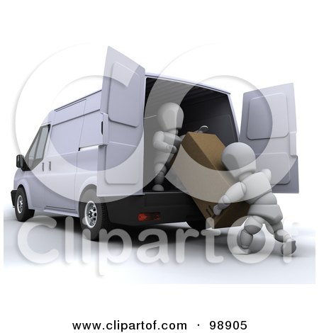 Royalty-Free (RF) Clipart Illustration of 3d White Characters Unloading A Box From A Van by KJ Pargeter