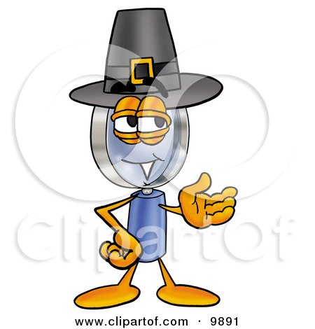 Clipart Picture of a Magnifying Glass Mascot Cartoon Character Wearing a Pilgrim Hat on Thanksgiving by Mascot Junction
