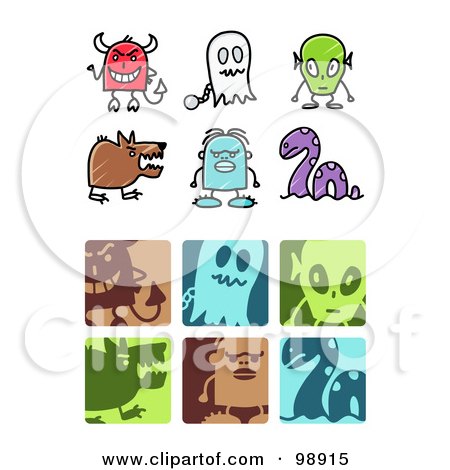 Royalty-Free (RF) Clipart Illustration of a Digital Collage Of Monster Icons by NL shop