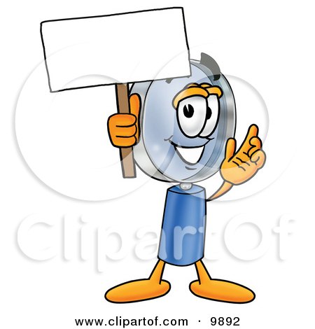 Clipart Picture of a Magnifying Glass Mascot Cartoon Character Holding a Blank Sign by Mascot Junction