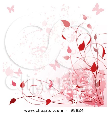 Royalty-Free (RF) Clipart Illustration of a Background Of Red Vines, Butterflies And Grunge Over White by Pushkin