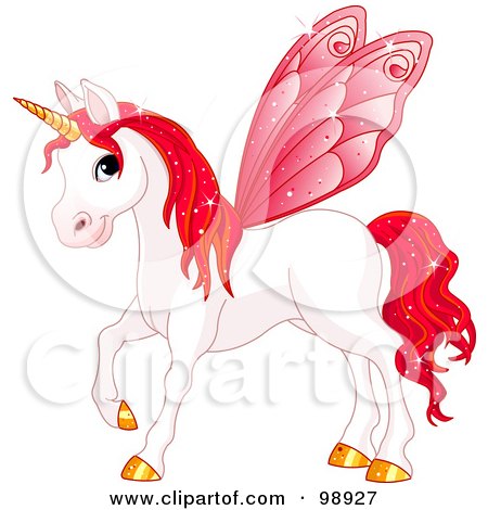 Royalty-Free (RF) Clipart Illustration of a Magical Fairy Unicorn Horse With Red Wings by Pushkin