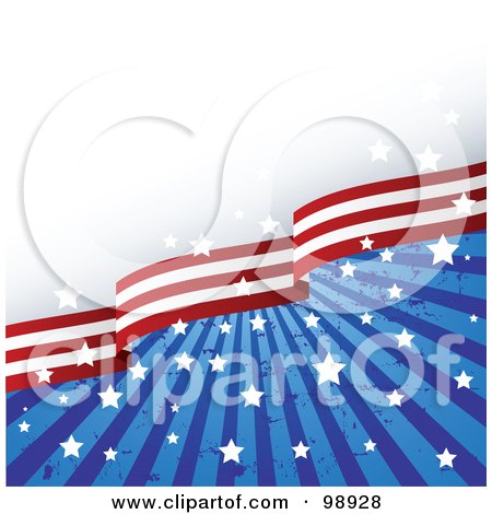 Royalty-Free (RF) Clipart Illustration of a Grungy Burst Of Patriotic American Stars And Stripes With Gray And White Text Space by Pushkin