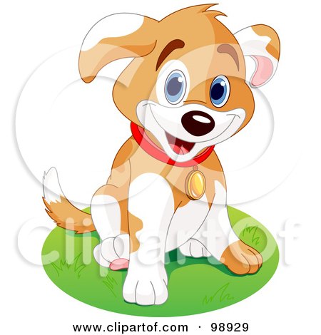 Royalty-Free (RF) Clipart Illustration of a Happy Puppy Dog Sitting In A Circle Of Grass by Pushkin