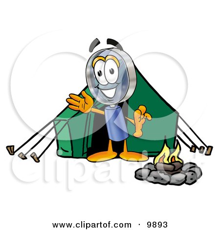 Clipart Picture of a Magnifying Glass Mascot Cartoon Character Camping With a Tent and Fire by Mascot Junction