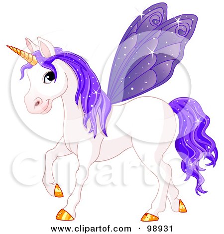 Royalty-Free (RF) Clipart Illustration of a Magical Fairy Unicorn Horse With Purple Wings by Pushkin