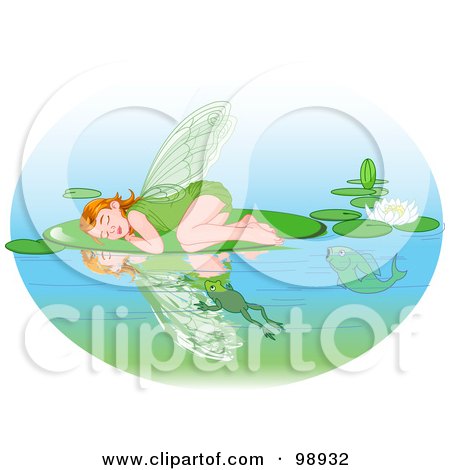 Royalty-Free (RF) Clipart Illustration of a Red Haired Pixie Sleeping On A Lily Pad In A Pond by Pushkin