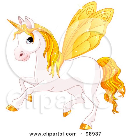 Royalty-Free (RF) Clipart Illustration of a Magical Fairy Unicorn Horse With Yellow Wings by Pushkin