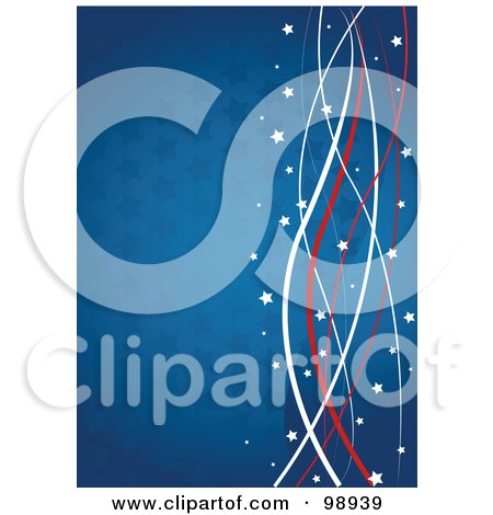 Royalty-Free (RF) Clipart Illustration of a Patriotic American Background Of Waves And And Stars Over Blue by Pushkin