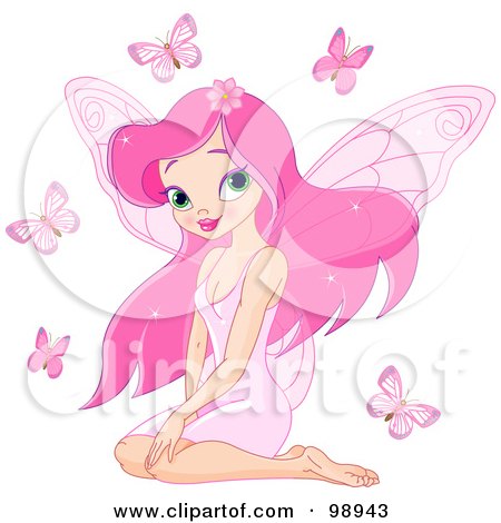 Royalty-Free (RF) Clipart Illustration of a Pretty Pink Pixie Surrounded By Butterflies by Pushkin