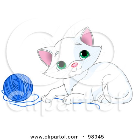 Royalty-Free (RF) Clipart Illustration of a Playful White Kitten With A Ball Of Blue Yarn by Pushkin