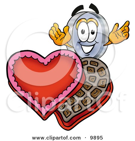 Clipart Picture of a Magnifying Glass Mascot Cartoon Character With an Open Box of Valentines Day Chocolate Candies by Mascot Junction
