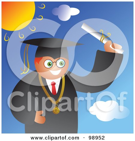 Royalty-Free (RF) Clipart Illustration of a Male Graduate In A Black Gown, Holding His Diploma On A Sunny Day by Prawny