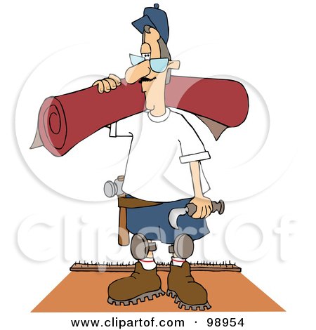 Royalty-Free (RF) Clipart Illustration of a Carpet Layer Man Carrying A Roll Of Red Carpet by djart