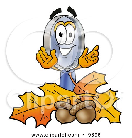 Clipart Picture of a Magnifying Glass Mascot Cartoon Character With Autumn Leaves and Acorns in the Fall by Mascot Junction