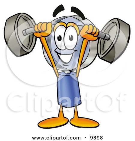 Clipart Picture of a Magnifying Glass Mascot Cartoon Character Holding a Heavy Barbell Above His Head by Mascot Junction