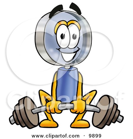 Clipart Picture of a Magnifying Glass Mascot Cartoon Character Lifting a Heavy Barbell by Mascot Junction