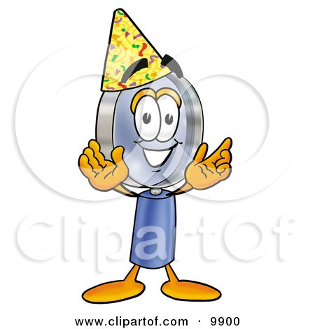 Clipart Picture of a Magnifying Glass Mascot Cartoon Character Wearing a Birthday Party Hat by Mascot Junction