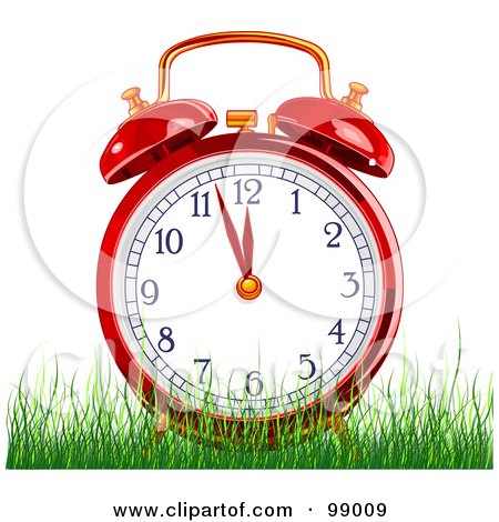 Royalty-Free (RF) Clipart Illustration of a Red Alarm Clock In Green Grass by Pushkin