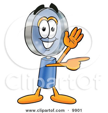 Clipart Picture of a Magnifying Glass Mascot Cartoon Character Waving and Pointing by Mascot Junction