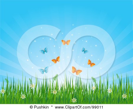 Royalty-Free (RF) Clipart Illustration of Butterflies Over Wild Flowers And Grass Under A Shining Sky by Pushkin