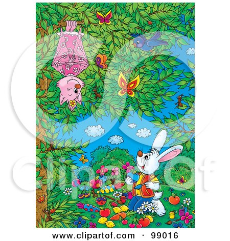 Royalty-Free (RF) Clipart Illustration of a Rabbit Painting Vegetables Under A Tree With A Bat, Bird And Butterflies by Alex Bannykh