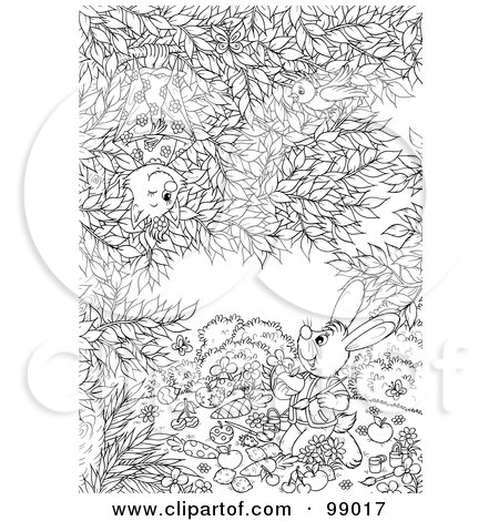 Royalty-Free (RF) Clipart Illustration of a Black And White Color Page Outline Of A Bat, Bird And Bugs Watching A Rabbit Paint Veggies by Alex Bannykh