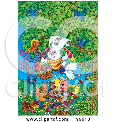 Royalty-Free (RF) Clipart Illustration of a Rabbit Delivering Painted Veggies To Other Forest Animals On Easter by Alex Bannykh