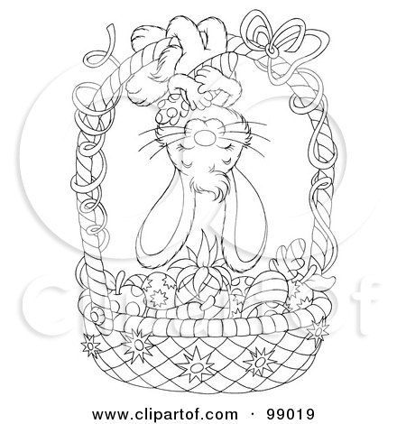 Royalty-Free (RF) Clipart Illustration of a Black And White Coloring Page Outline Of A Bunny Hanging Upside Down On An Easter Basket Of Colored Veggies by Alex Bannykh