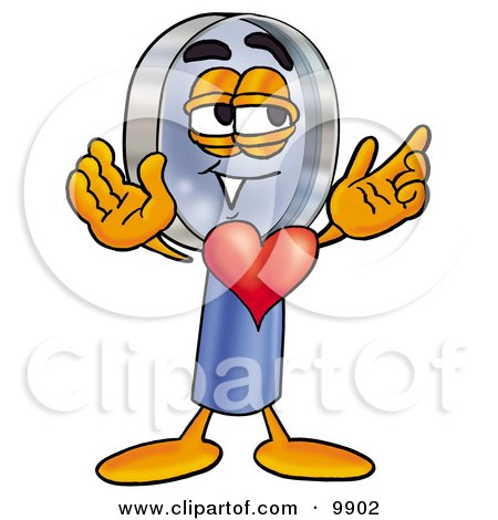 Clipart Picture of a Magnifying Glass Mascot Cartoon Character With His Heart Beating Out of His Chest by Mascot Junction
