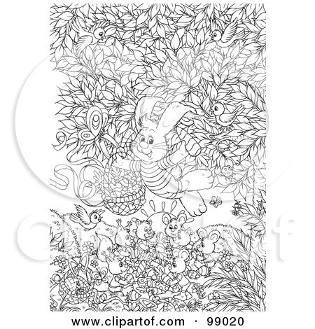 Royalty-Free (RF) Clipart Illustration of a Black And White Color Page Outline Of A Rabbit Delivering Painted Veggies To Other Animals On Easter by Alex Bannykh