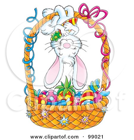 Royalty-Free (RF) Clipart Illustration of a Cute Easter Bunny Hanging Upside Down On An Easter Basket Of Colored Veggies by Alex Bannykh