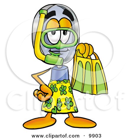 Clipart Picture of a Magnifying Glass Mascot Cartoon Character in Green and Yellow Snorkel Gear by Mascot Junction