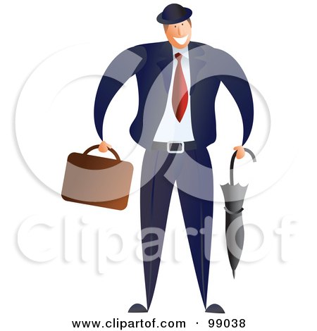 Royalty-Free (RF) Clipart Illustration of a Businessman In A Blue Suit And Red Tie, Carrying A Briefcase And Umbrella by Prawny