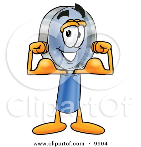 Clipart Picture of a Magnifying Glass Mascot Cartoon Character Flexing His Arm Muscles by Mascot Junction