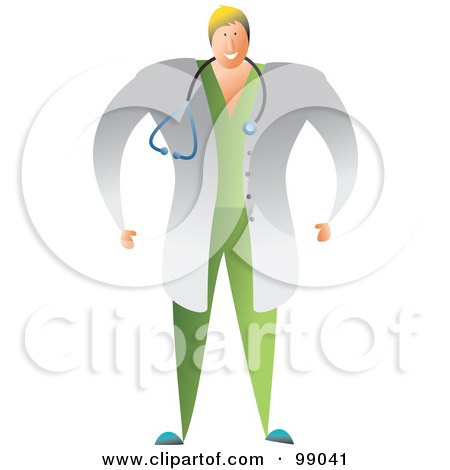 Royalty-Free (RF) Clipart Illustration of a Male Doctor In Green Scrubs And A White Lab Coat by Prawny