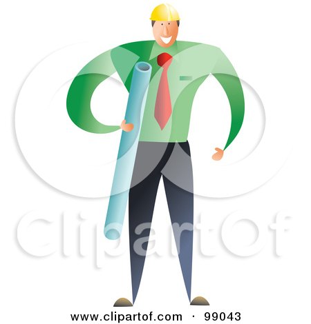 Royalty-Free (RF) Clipart Illustration of a Male Architect In A Green Shirt And Red Tie, Holding Plans by Prawny