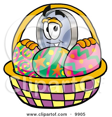 Clipart Picture of a Magnifying Glass Mascot Cartoon Character in an Easter Basket Full of Decorated Easter Eggs by Mascot Junction