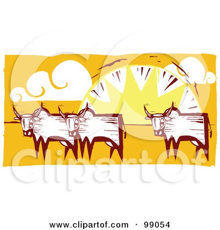 Royalty-Free (RF) Clipart Illustration of a Herd Of Oxen Against A Sunset by xunantunich