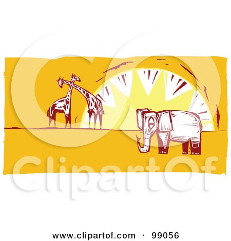 Royalty-Free (RF) Clipart Illustration of an Elephant And Giraffes Against A Sunset by xunantunich