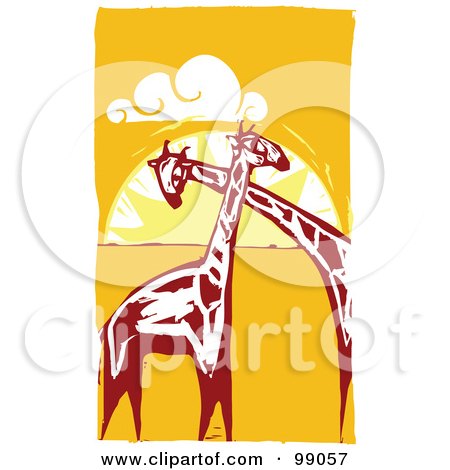 Royalty-Free (RF) Clipart Illustration of Giraffes Cuddling Against An African Sunset by xunantunich