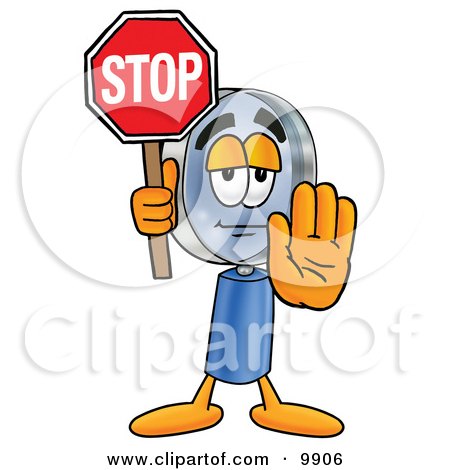Clipart Picture of a Magnifying Glass Mascot Cartoon Character Holding a Stop Sign by Mascot Junction