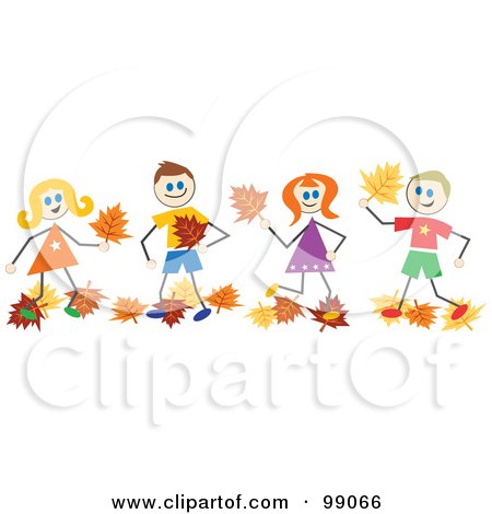 Royalty-Free (RF) Clipart Illustration of a Group Of Stick People Playing In Autumn Leaves by Prawny