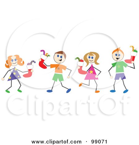 Royalty-Free (RF) Clipart Illustration of Stick Children With Christmas Stockings by Prawny