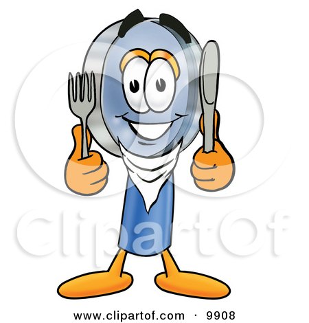 Clipart Picture of a Magnifying Glass Mascot Cartoon Character Holding a Knife and Fork by Mascot Junction