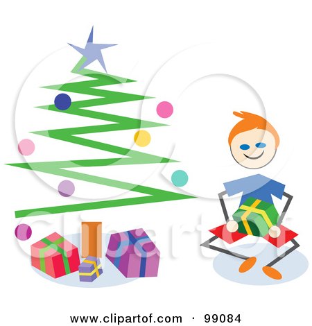 Royalty-Free (RF) Clipart Illustration of a Stick Boy Opening Christmas Presents By A Tree by Prawny