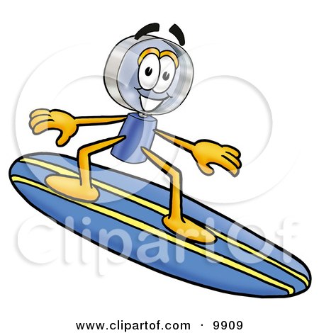 Clipart Picture of a Magnifying Glass Mascot Cartoon Character Surfing on a Blue and Yellow Surfboard by Mascot Junction